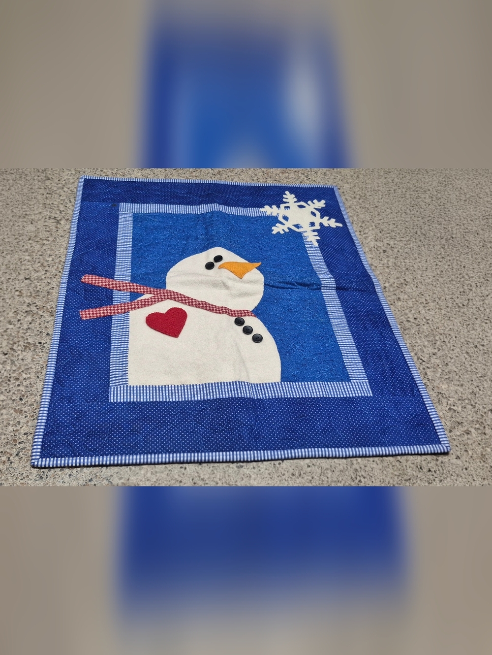 Vintage Handmade Quilt Snowman Wall Hanging Christmas Winter Decor Blue Holiday